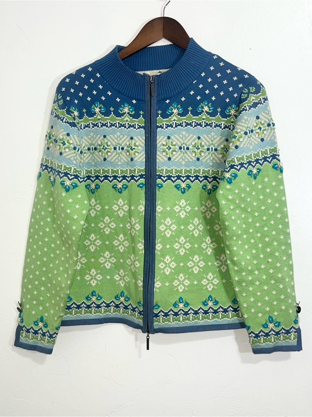 Carson Fair Isle Embellished Full Zip Sweater Cardigan Green Blue Size M